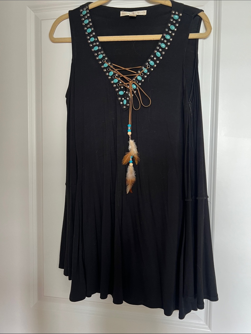 Boston Proper Black Sleeveless Lace-Up Tank with Turquoise Bead Trim